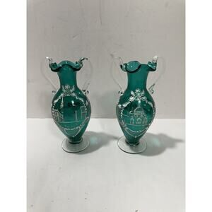 Stunning Pair (2) Salviati Moser Murano Italian Hand Painted Green Glass Vase 6”